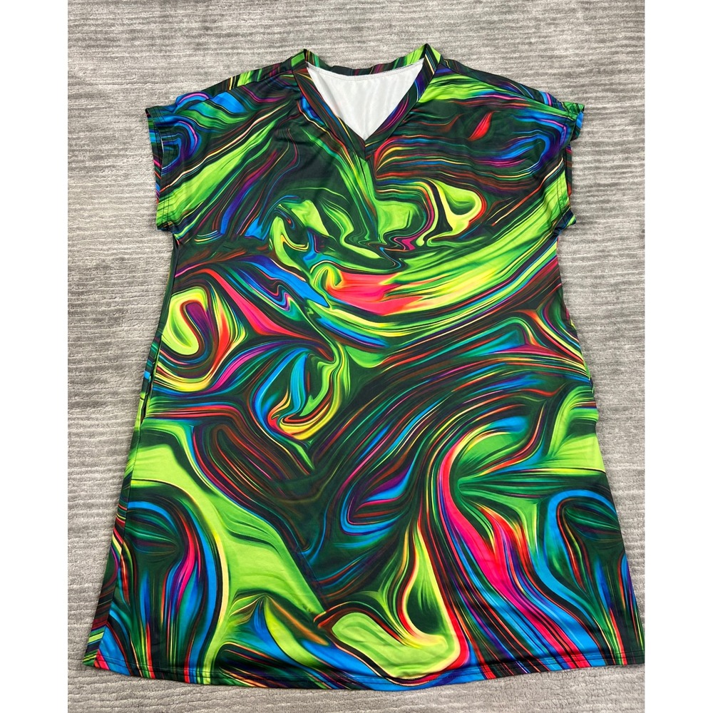Unbranded Dress Womens XL Green Psychedelic Marble Swirl V-Neck Pockets Mini